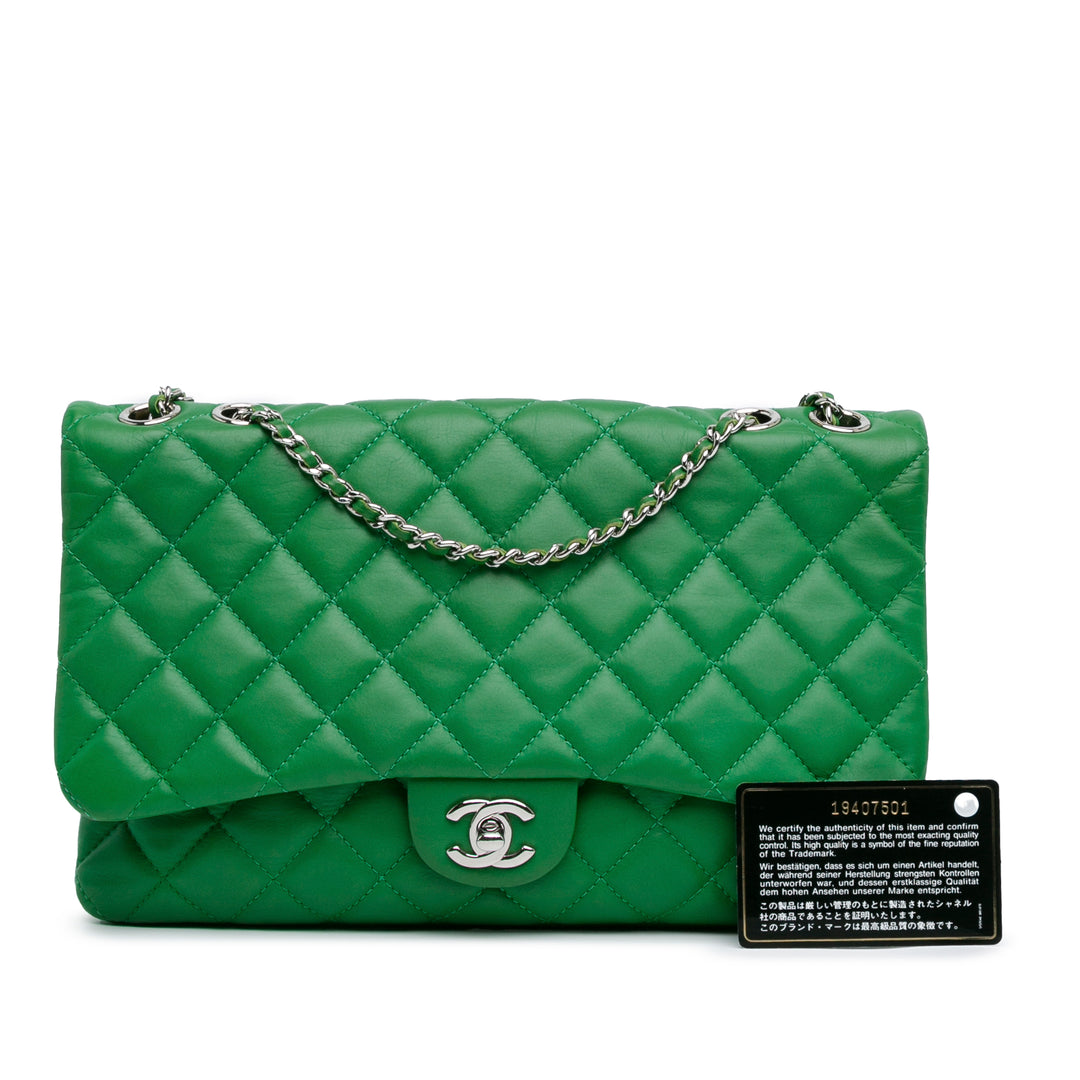 Quilted Lambskin Double Compartment Chain Flap Green - Gaby Paris