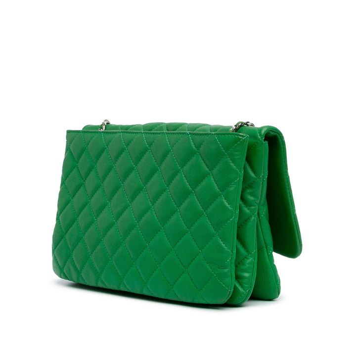 Quilted Lambskin Double Compartment Chain Flap Green - Gaby Paris