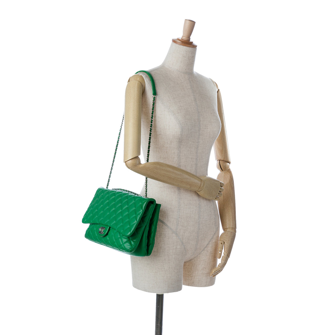 Quilted Lambskin Double Compartment Chain Flap Green - Gaby Paris