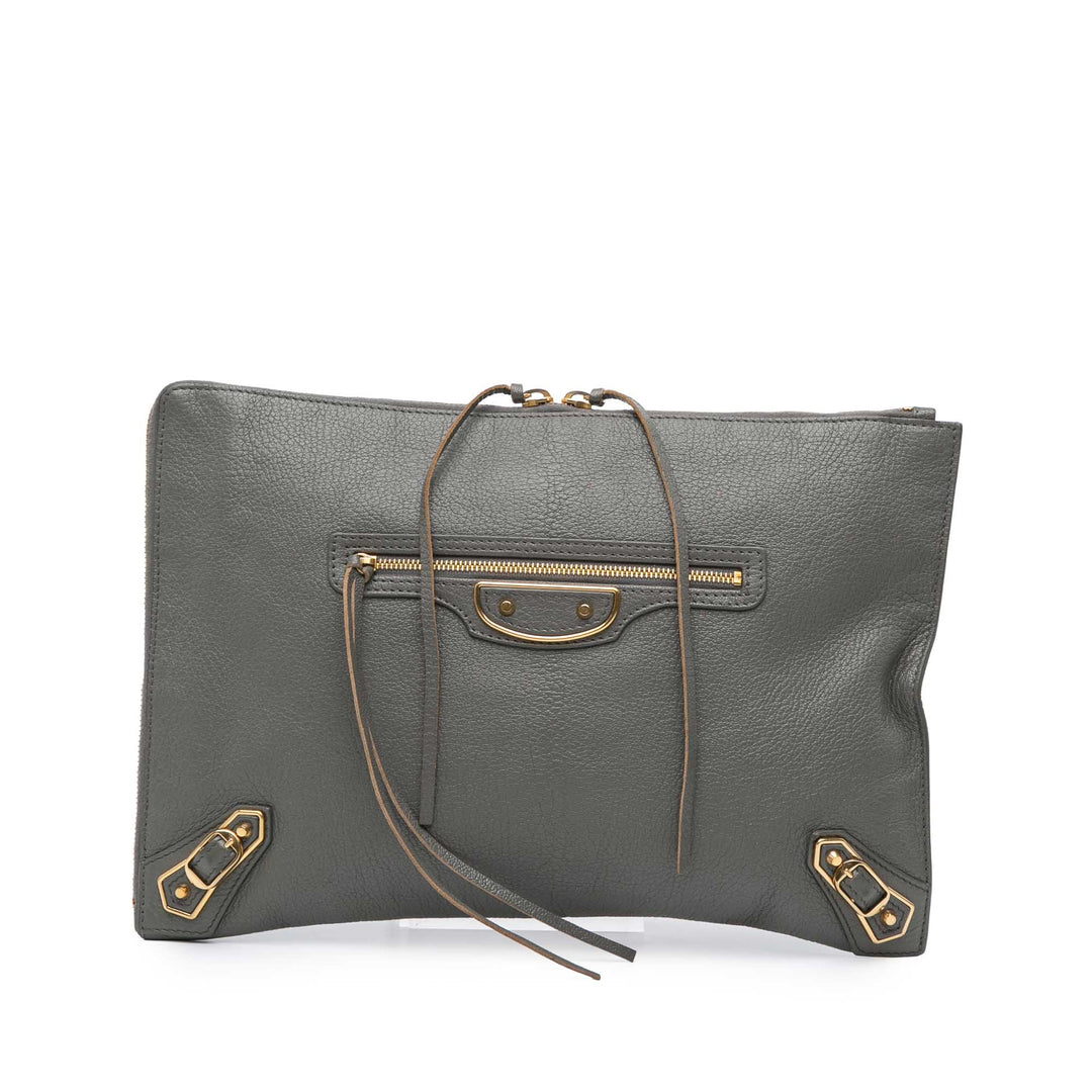Balenciaga Cuir d’agneau Motocross Métallisé Edge Flat Pochette Gris – GABY PARIS Authentique