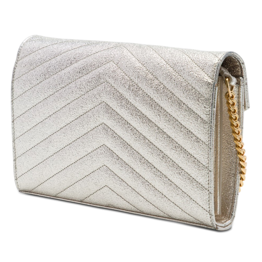 Métallisé Grain De Poudre Matelasse Chevron Chaîne Portefeuille Monogram Doré