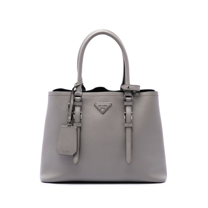 Prada Double Poignée Sac Moyen Saffiano Gris – vue principale – GABY PARIS