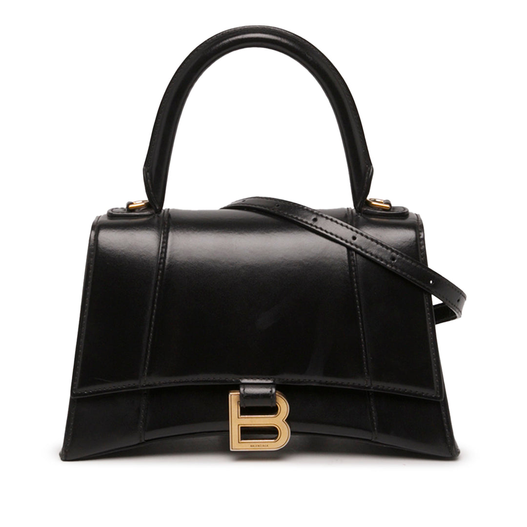 Balenciaga Sac à main brillant Box Hourglass à Petit Cuir de veau Noir – vue principale – GABY PARIS