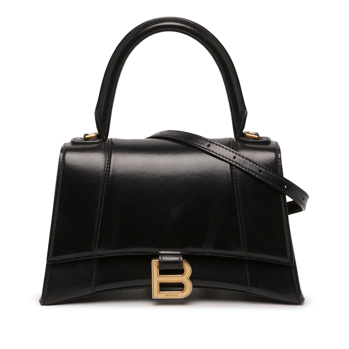 Balenciaga Sac à main brillant Box Hourglass à Petit Cuir de veau Noir – vue principale – GABY PARIS