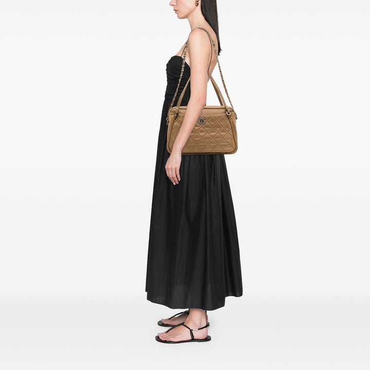 Quilted Iridescent Calfskin Relax CC Satchel Brown - Gaby Paris