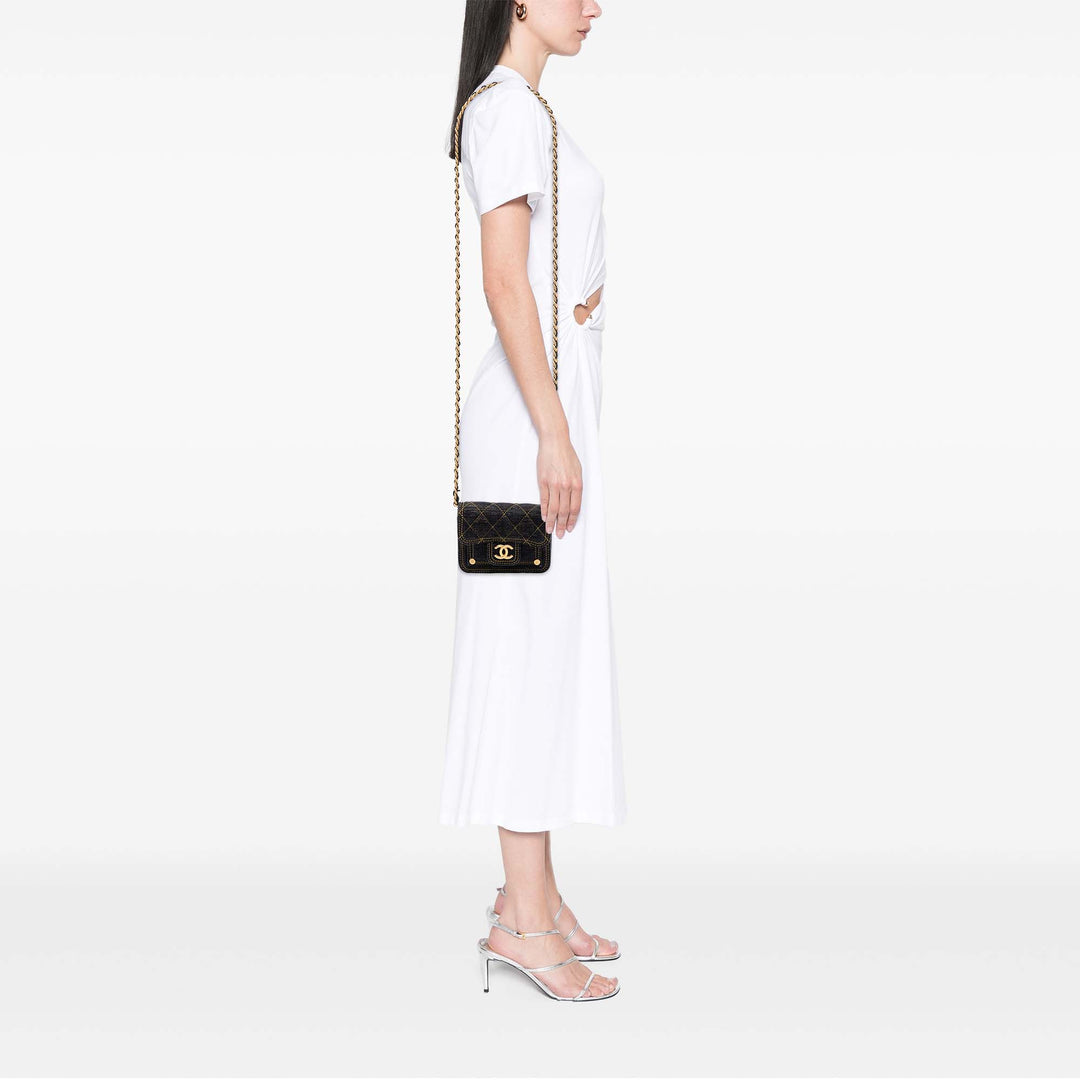 Chanel Mini Matelassé Jean Double You Card Holder avec chaîne