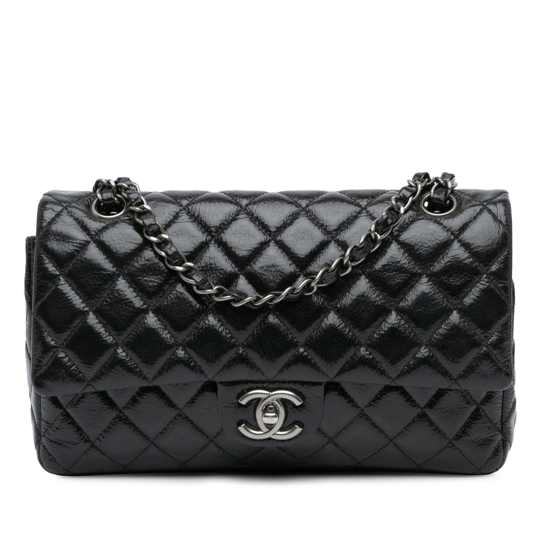 Medium Classic Distressed Patent Double Flap Black - Gaby Paris