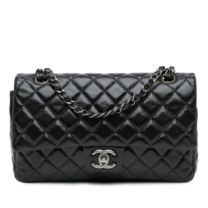 Medium Classic Distressed Patent Double Flap Black - Gaby Paris