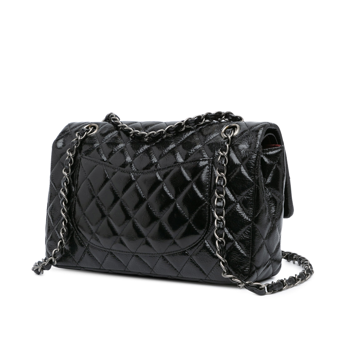 Medium Classic Distressed Patent Double Flap Black - Gaby Paris