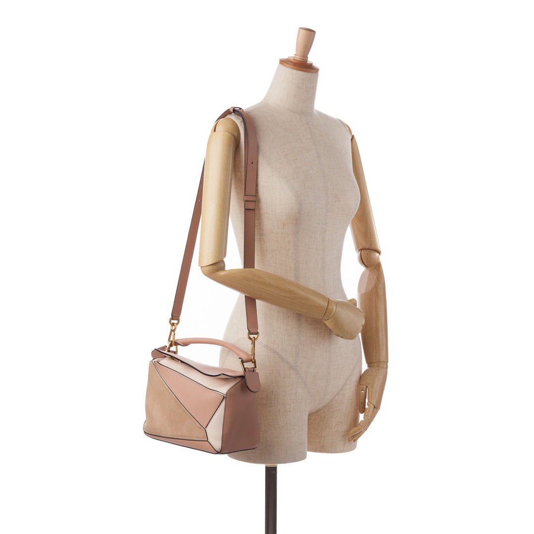 LOEWE Small Tricolor Cuir de veau and Daim Puzzle Sac cartable Marron