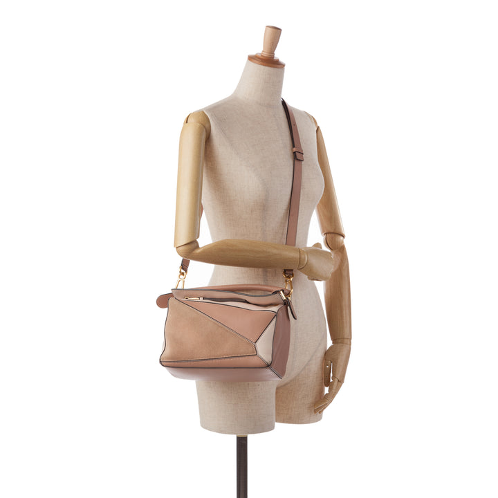 LOEWE Small Tricolor Cuir de veau and Daim Puzzle Sac cartable Marron