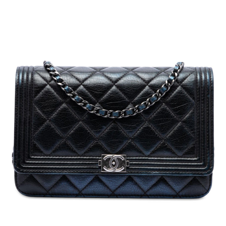 Matelassé vieilli Boy Wallet on Chain Cuir de veau Noir