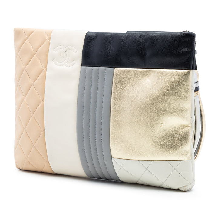Matelassé Colorblock Patchwork O Étui Pochette Grand Cuir d'agneau Argenté