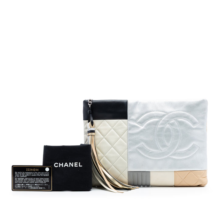 Matelassé Colorblock Patchwork O Étui Pochette Grand Cuir d'agneau Argenté