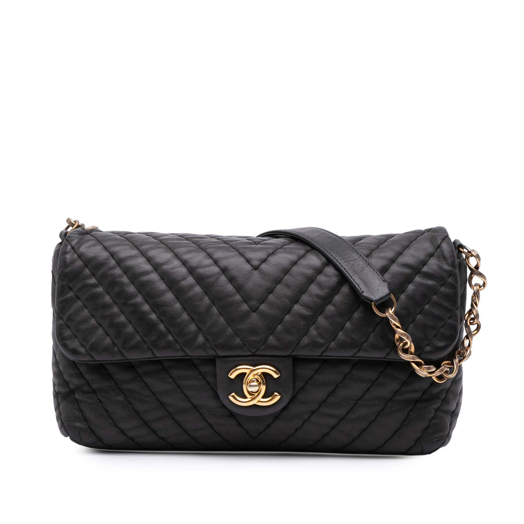Jumbo Chevron Iridescent Calfskin Surpique Flap Black - Gaby Paris