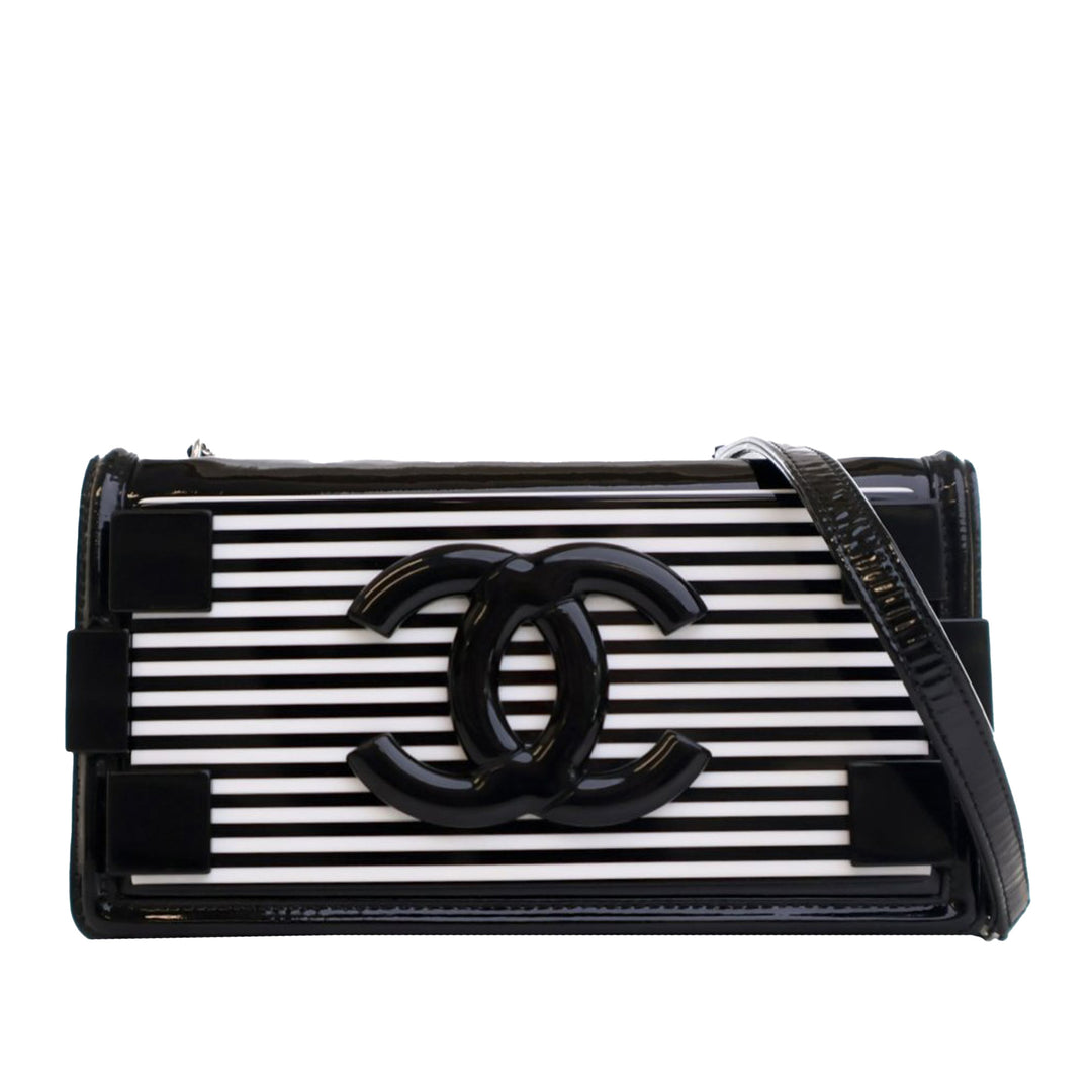 Patent and Acrylic Striped Boy Brick Horizontal Flap Black - Gaby Paris