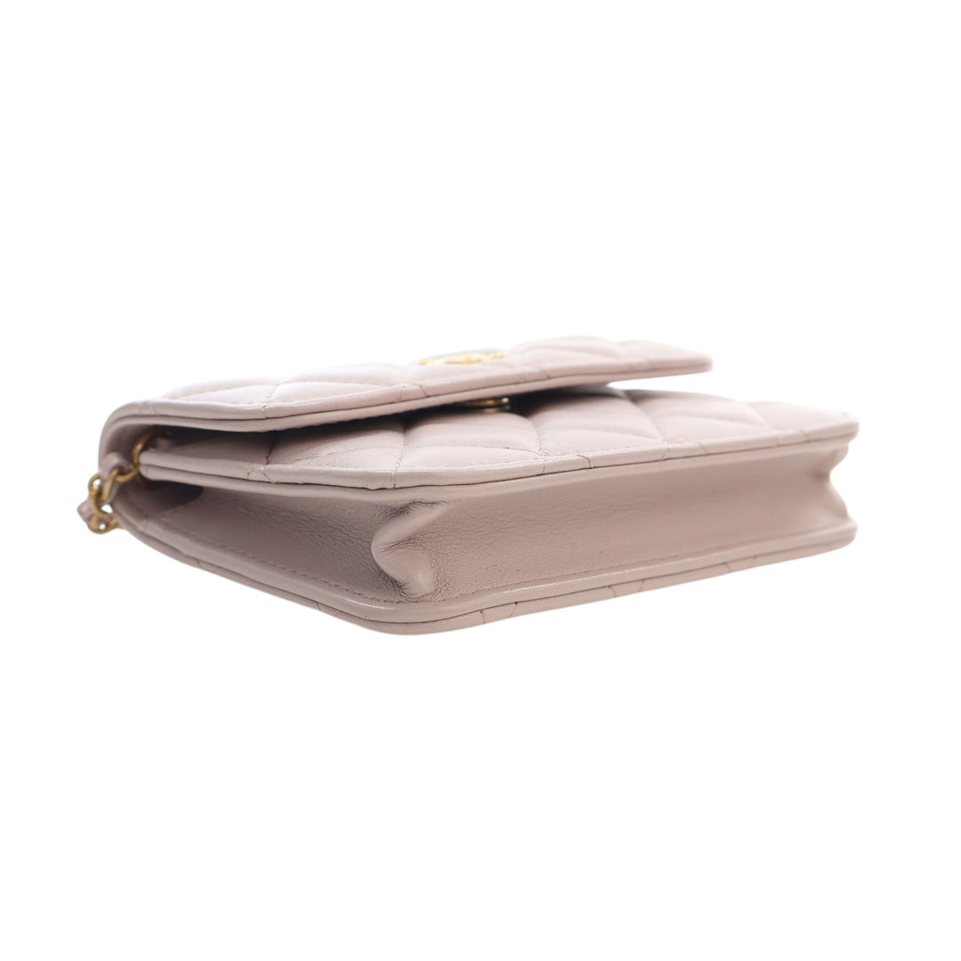 Perle Crush Pochette avec chaîne Mini Cuir d'agneau Rose
