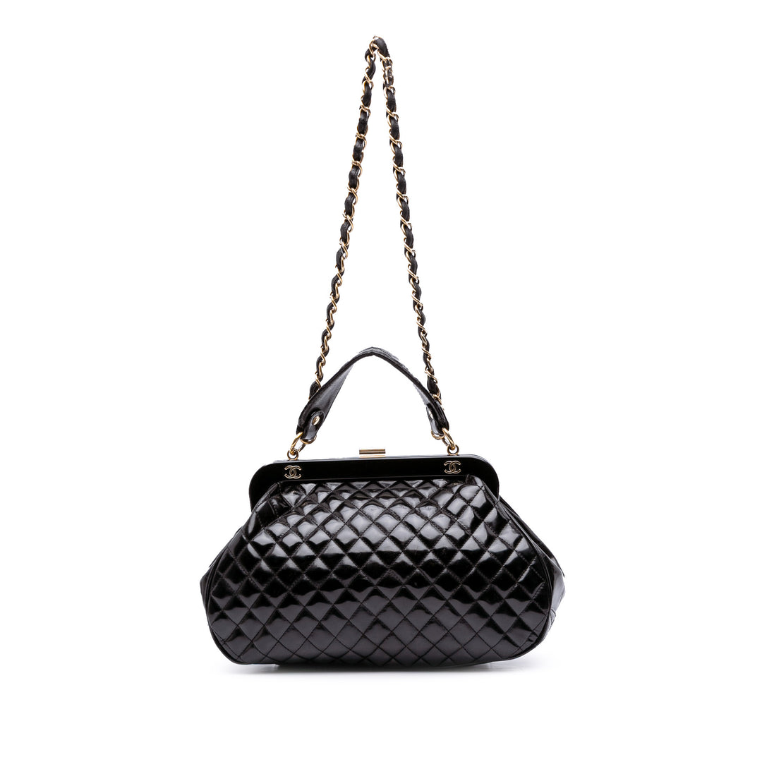 Small Quilted Glazed Calfskin Mademoiselle Frame Top Handle Bag Black - Gaby Paris