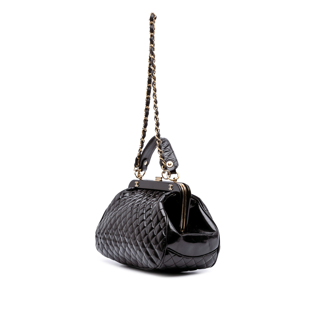 Small Quilted Glazed Calfskin Mademoiselle Frame Top Handle Bag Black - Gaby Paris