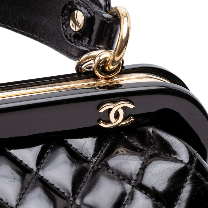 Small Quilted Glazed Calfskin Mademoiselle Frame Top Handle Bag Black - Gaby Paris
