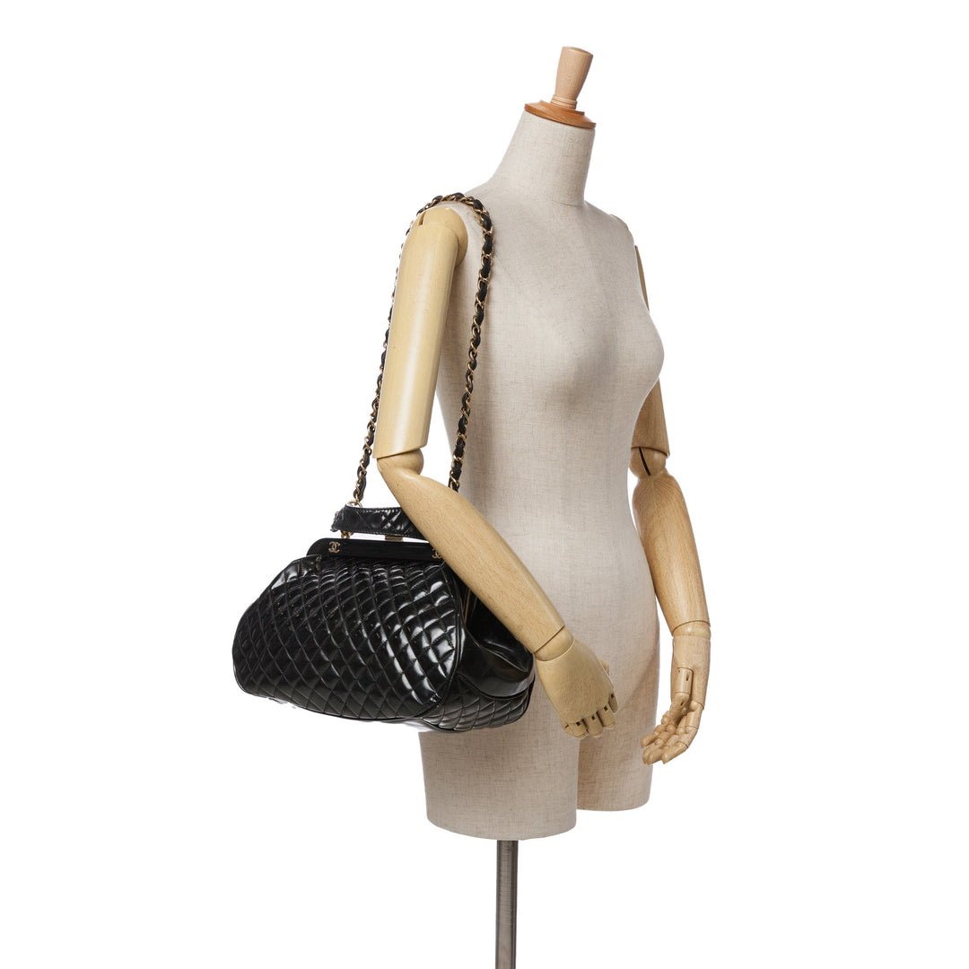 Small Quilted Glazed Calfskin Mademoiselle Frame Top Handle Bag Black - Gaby Paris