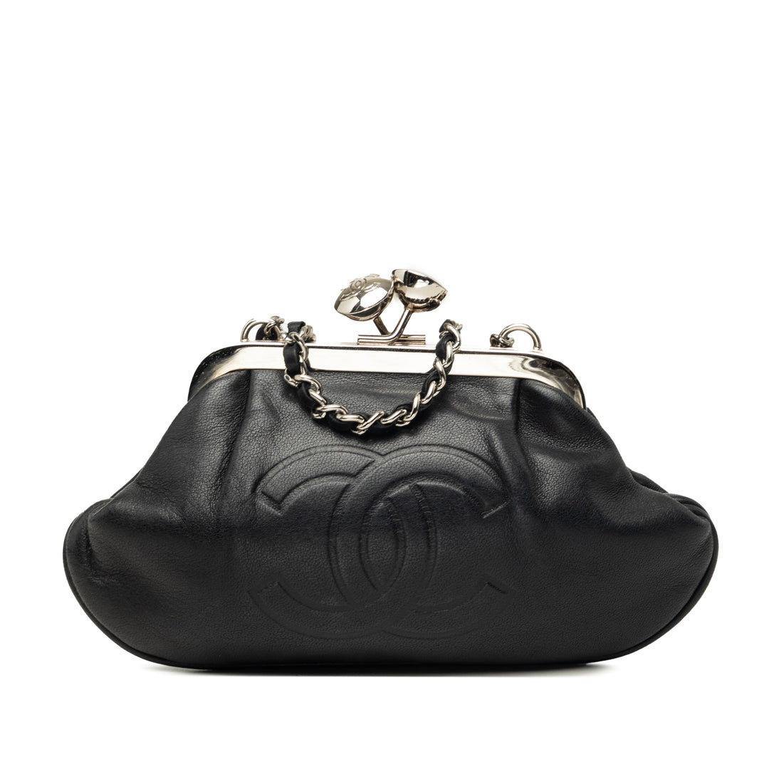 CC Kiss Lock Evening Pochette avec chaîne Cuir d'agneau Noir