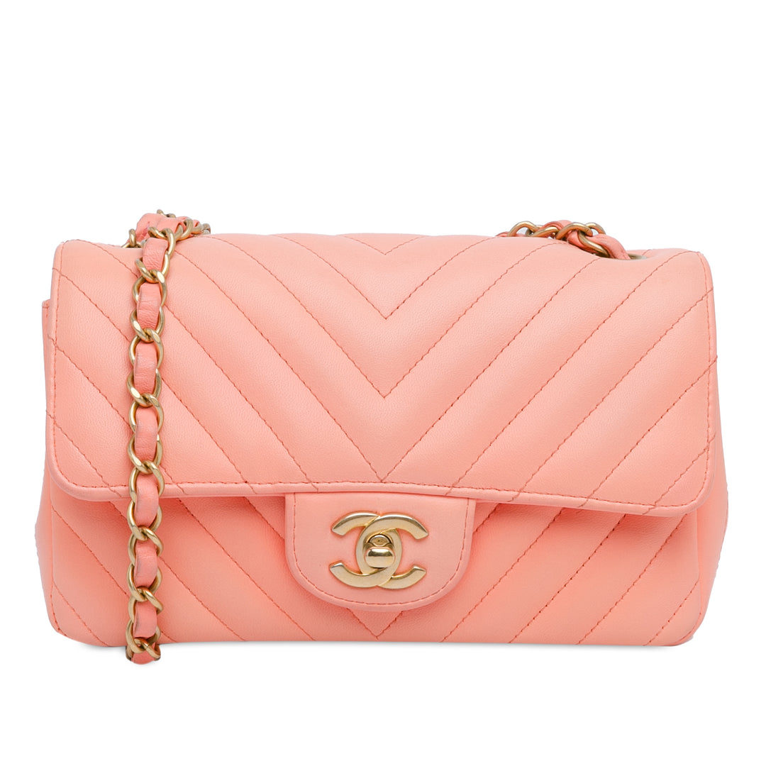 Mini Rectangular Classic Chevron Lambskin Single Flap Pink - Gaby Paris