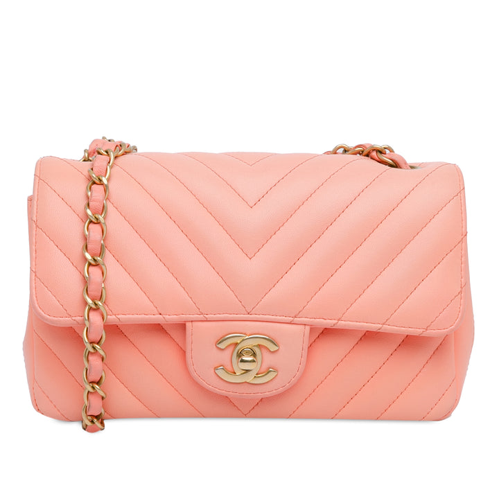 Mini Rectangular Classic Chevron Lambskin Single Flap Pink - Gaby Paris