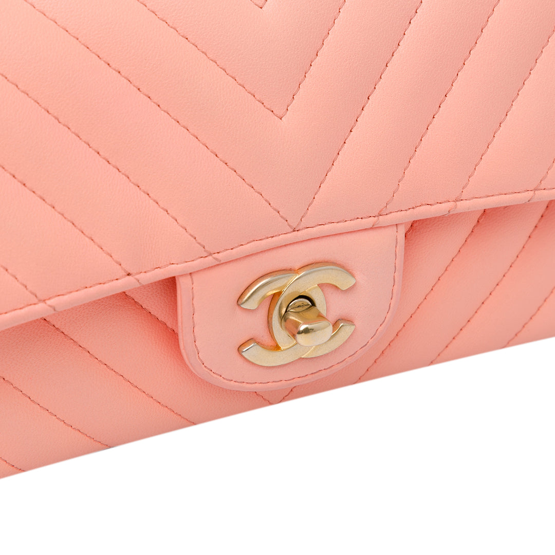 Mini Rectangular Classic Chevron Lambskin Single Flap Pink - Gaby Paris