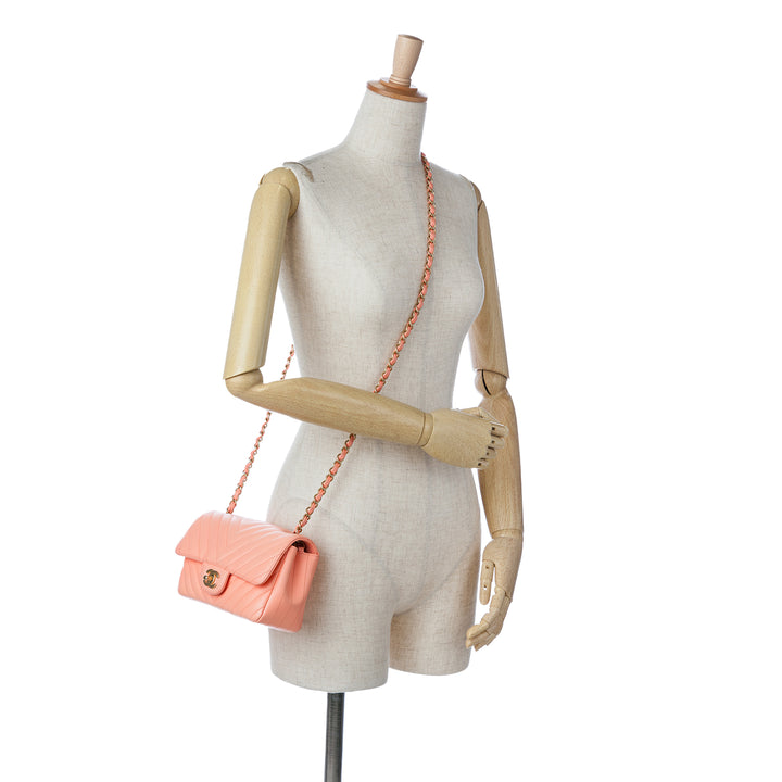 Mini Rectangular Classic Chevron Lambskin Single Flap Pink - Gaby Paris