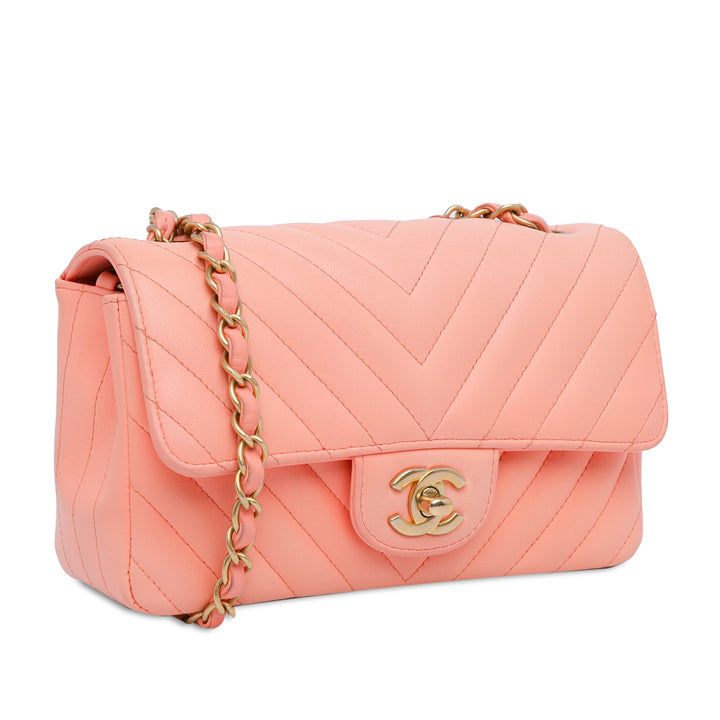 Mini Rectangular Classic Chevron Lambskin Single Flap Pink - Gaby Paris