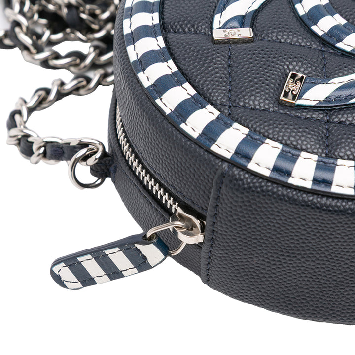 Caviar Striped CC Filigree Round Crossbody Blue - Gaby Paris
