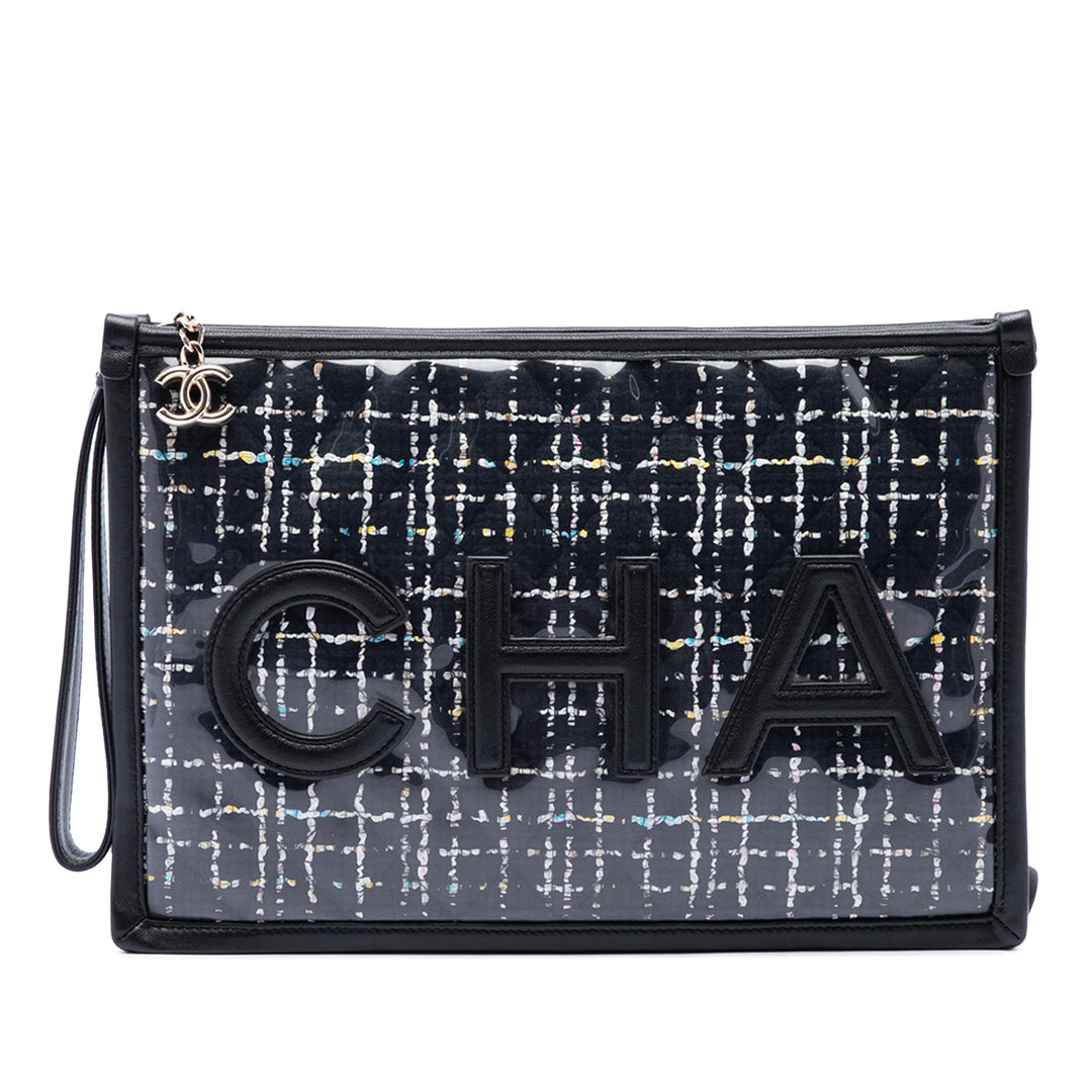Chanel Matelassé PVC Logo Wristlet Pochette Grand Tweed Noir