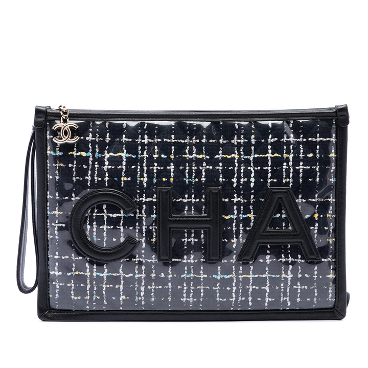 Chanel Matelassé PVC Logo Wristlet Pochette Grand Tweed Noir