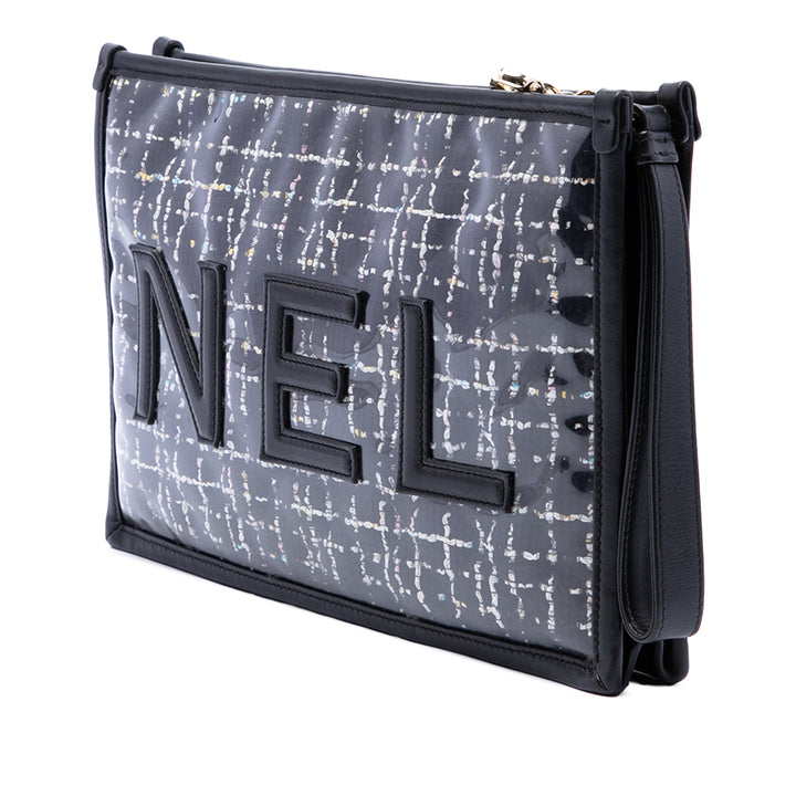 Chanel Matelassé PVC Logo Wristlet Pochette Grand Tweed Noir