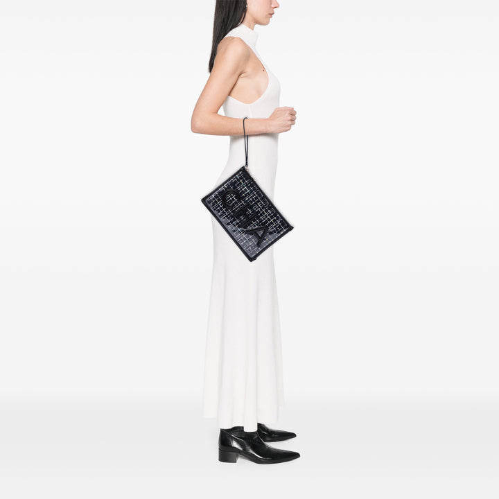 Chanel Matelassé PVC Logo Wristlet Pochette Grand Tweed Noir