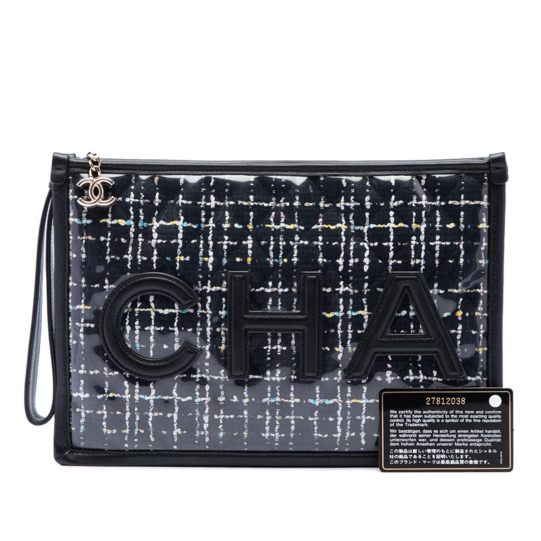 Chanel Matelassé PVC Logo Wristlet Pochette Grand Tweed Noir