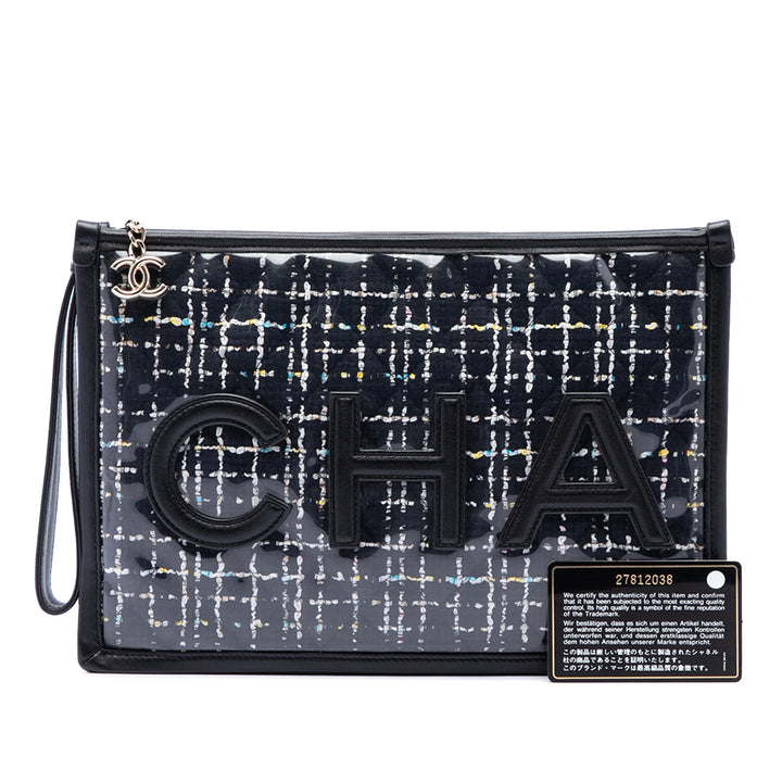 Chanel Matelassé PVC Logo Wristlet Pochette Grand Tweed Noir