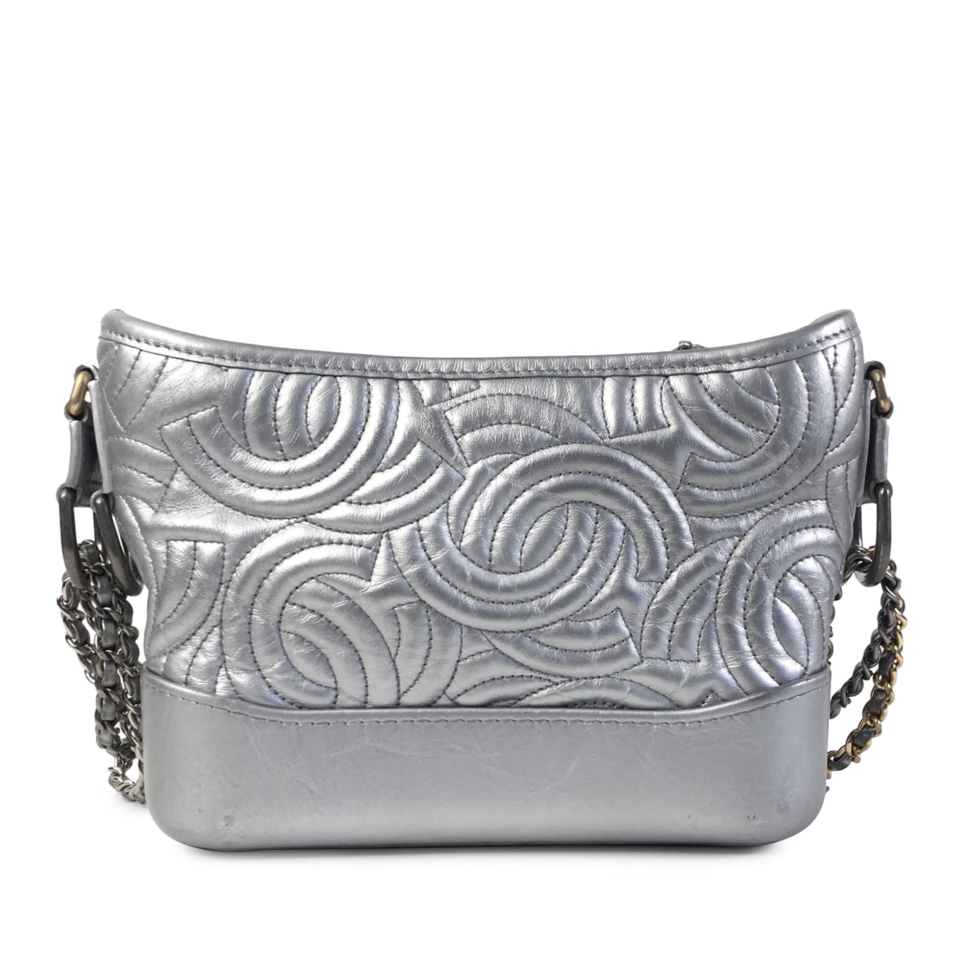 Small CC Stitched Calfskin Gabrielle Crossbody Bag Silver - Gaby Paris
