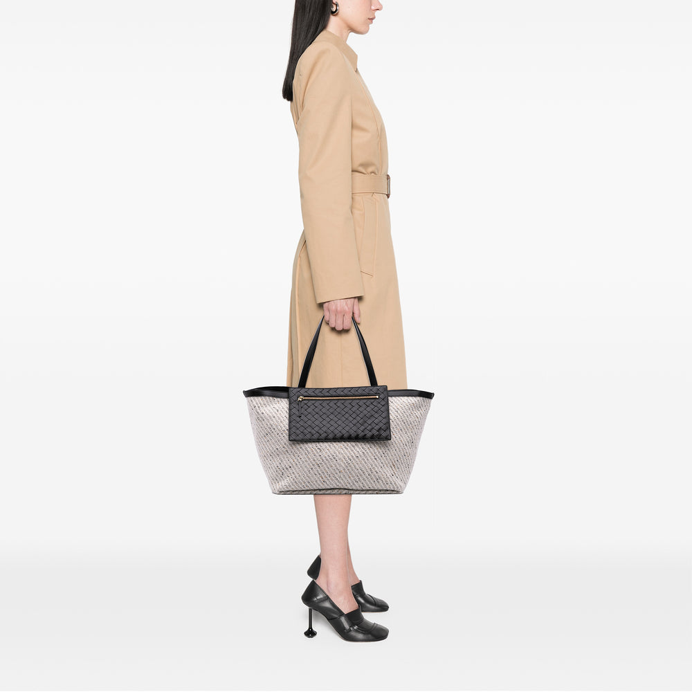 Large Wool and Calfskin Flip Flap Tote Gray - Gaby Paris