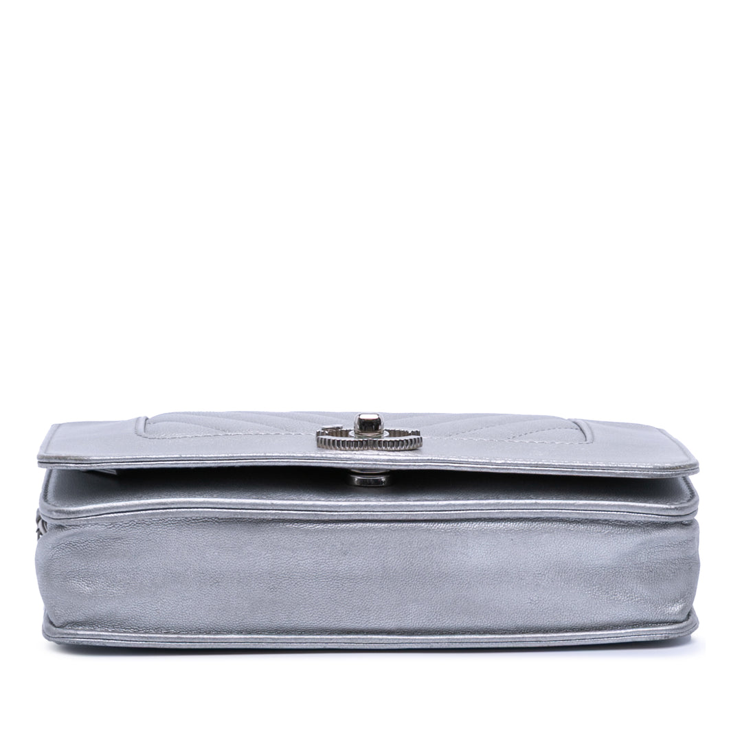 Chevron Quilted Metallic Lambskin Mademoiselle Wallet On Chain Silver - Gaby Paris