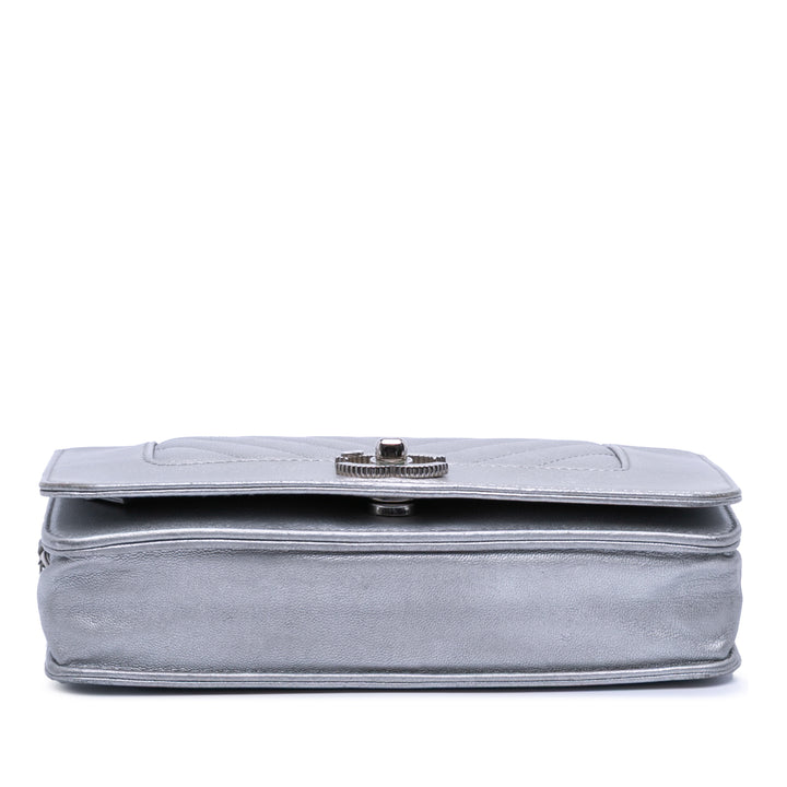 Chevron Quilted Metallic Lambskin Mademoiselle Wallet On Chain Silver - Gaby Paris