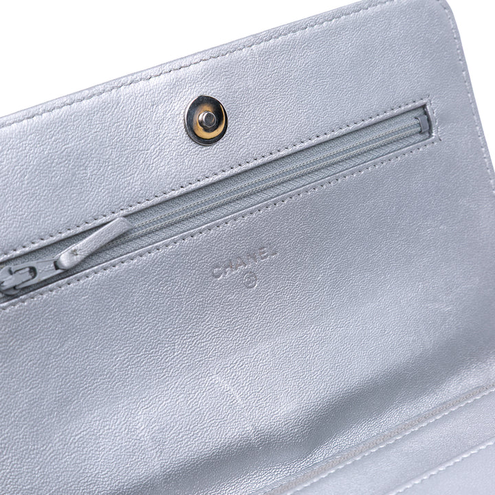 Chevron Quilted Metallic Lambskin Mademoiselle Wallet On Chain Silver - Gaby Paris