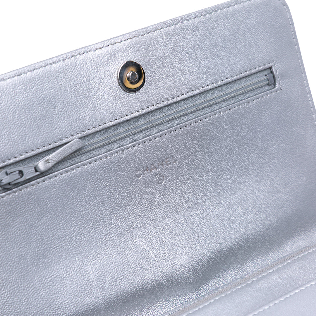 Chevron Quilted Metallic Lambskin Mademoiselle Wallet On Chain Silver - Gaby Paris