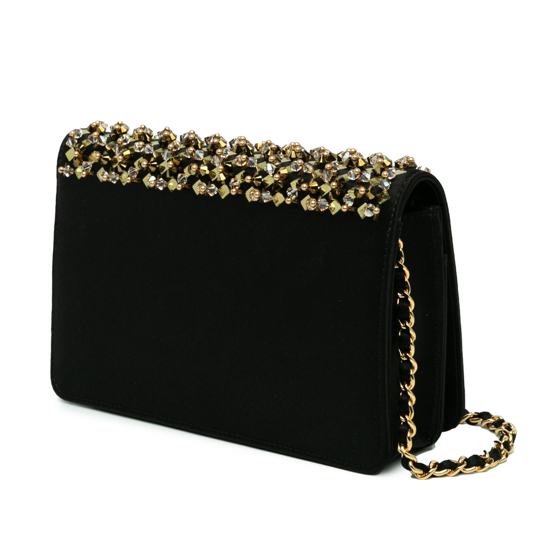 Embellished Satin Pyramid Wallet On Chain Black - Gaby Paris