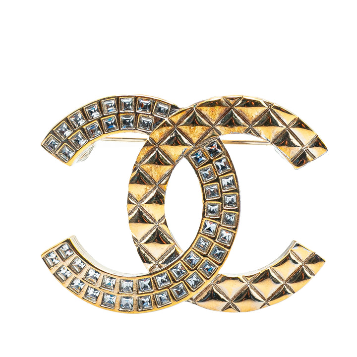 Gold Plated Rhinestone CC Quilted Brooch Gold - Gaby Paris