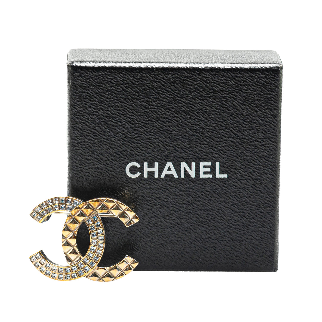 Gold Plated Rhinestone CC Quilted Brooch Gold - Gaby Paris