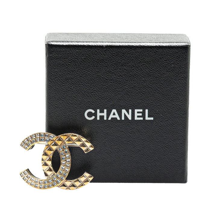Gold Plated Rhinestone CC Quilted Brooch Gold - Gaby Paris