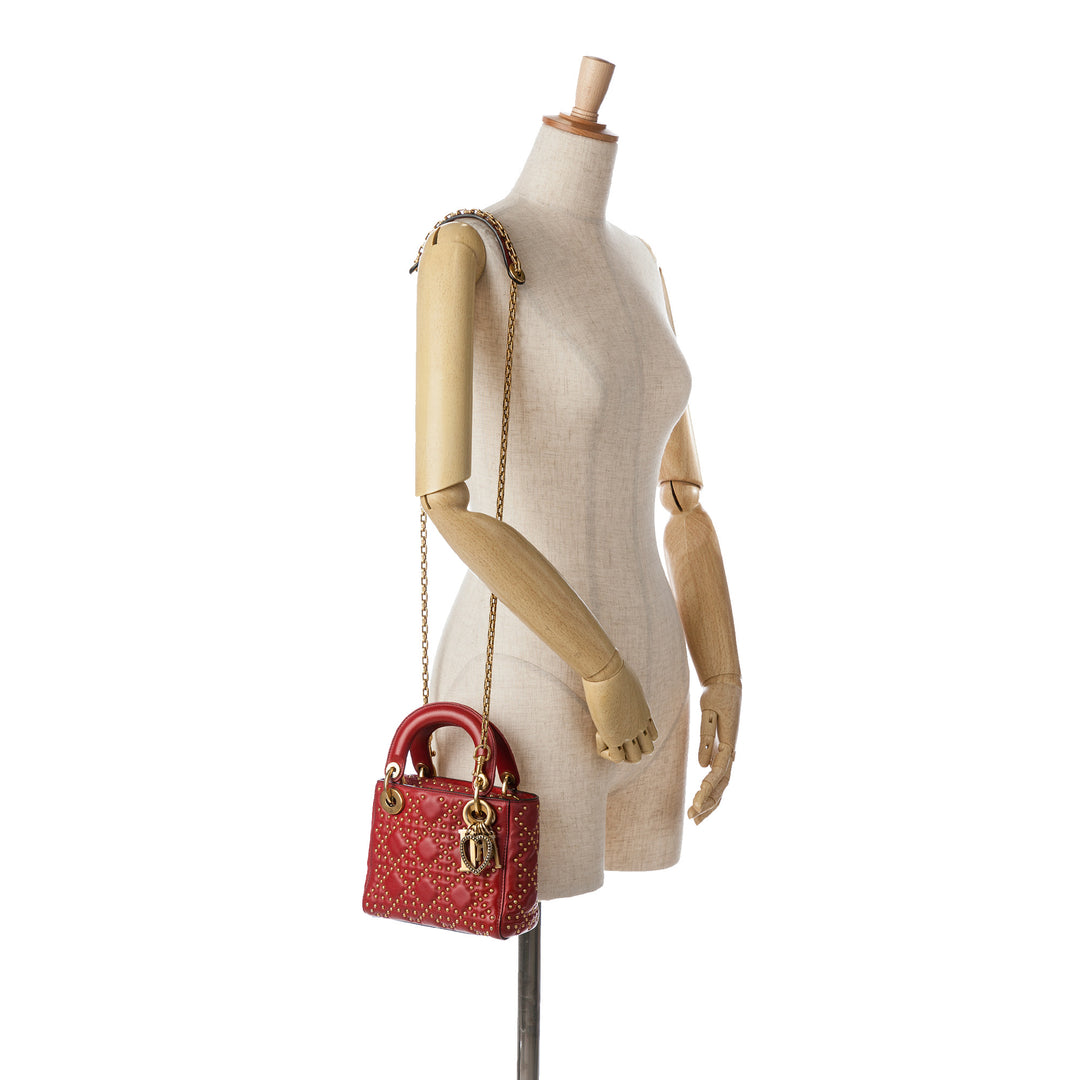 Mini Lambskin Cannage Studded Supple Lady Dior Red - Gaby Paris