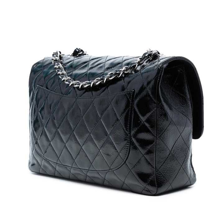 Chanel Jumbo Classic Crinkled Cuir verni Simple rabat Bleu
